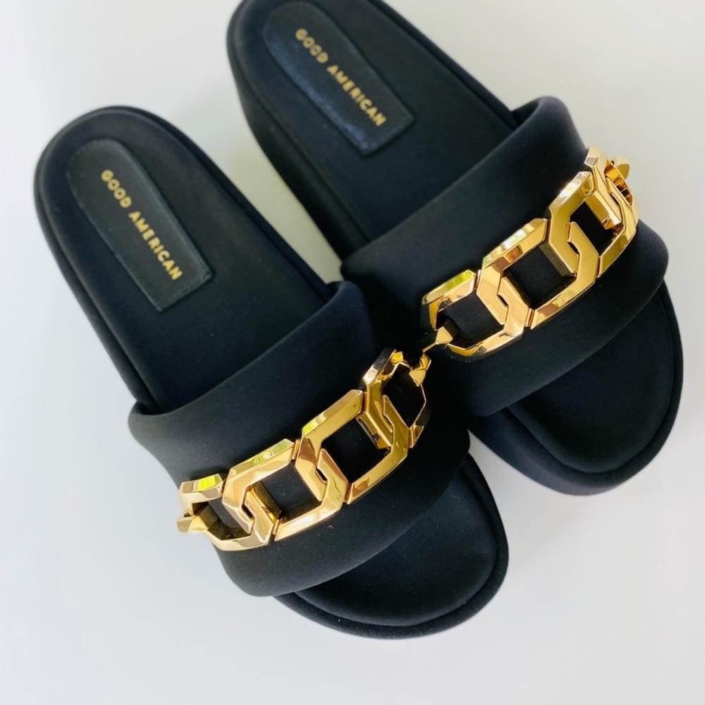 Sz 12 Good American Black and Gold Chain Slide Sandals - Picture 6 of 16
